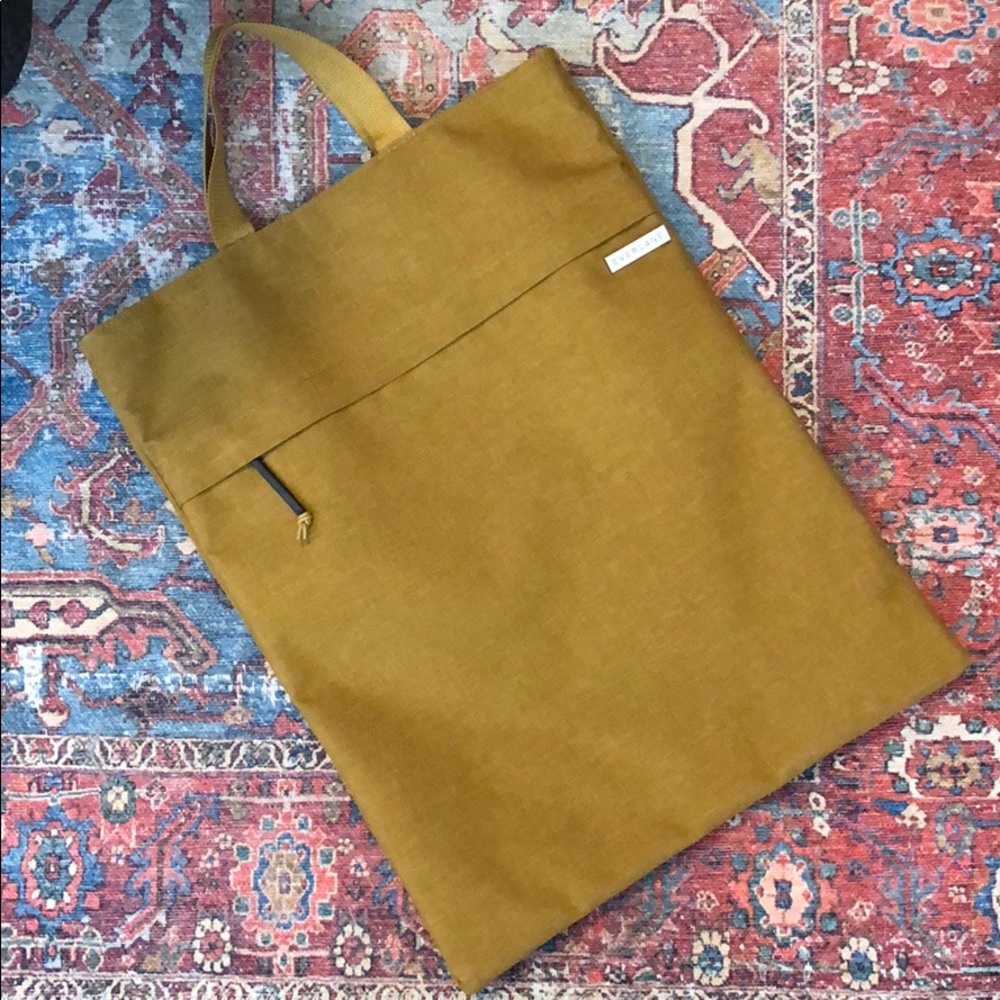 EVERLANE MUSTARD CANVAS TOTE WITH ENAMEL PIN
